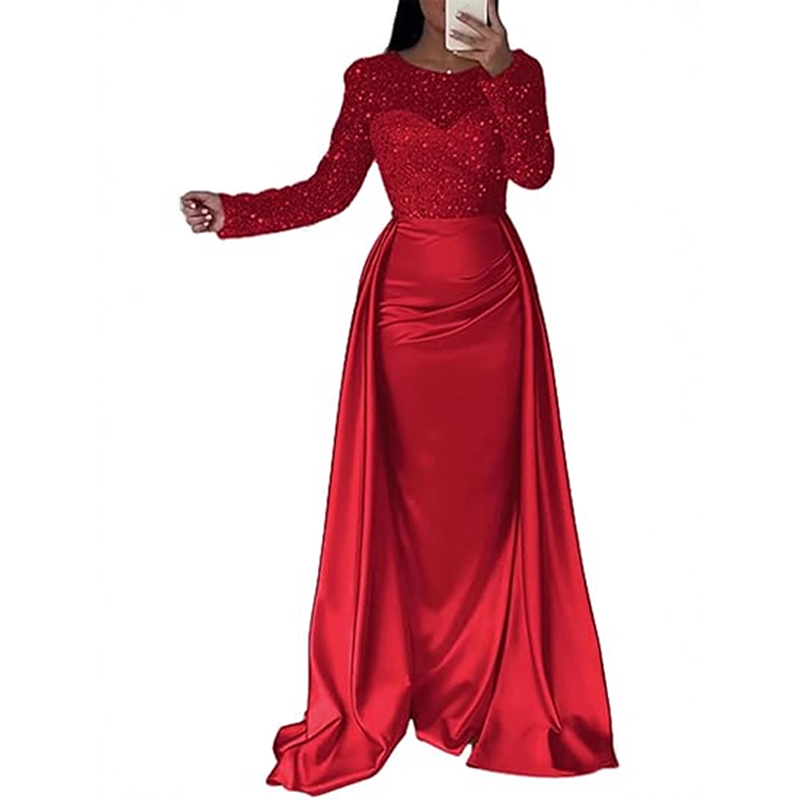 Women's Long Sleeve Elegant Socialite Sequin Evening Dress Luxury Formal Gown for Banquet Annual Meeting Party Host Even
