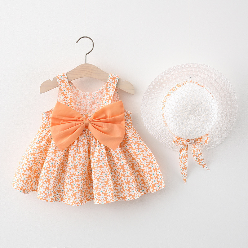 2021 Summer Children's Small Floral Big Bow Cotton Breathable Sleeveless Midi Princess Dress with Suspender