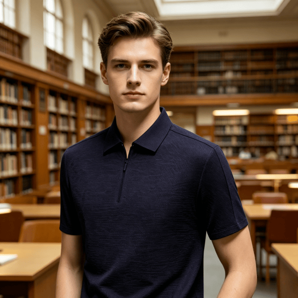 2663 Slight Crinkle Spliced Zip up Polo Shirt Unisex Business Casual Workwear Office Uniform Comfortable Breathable Daily Top
