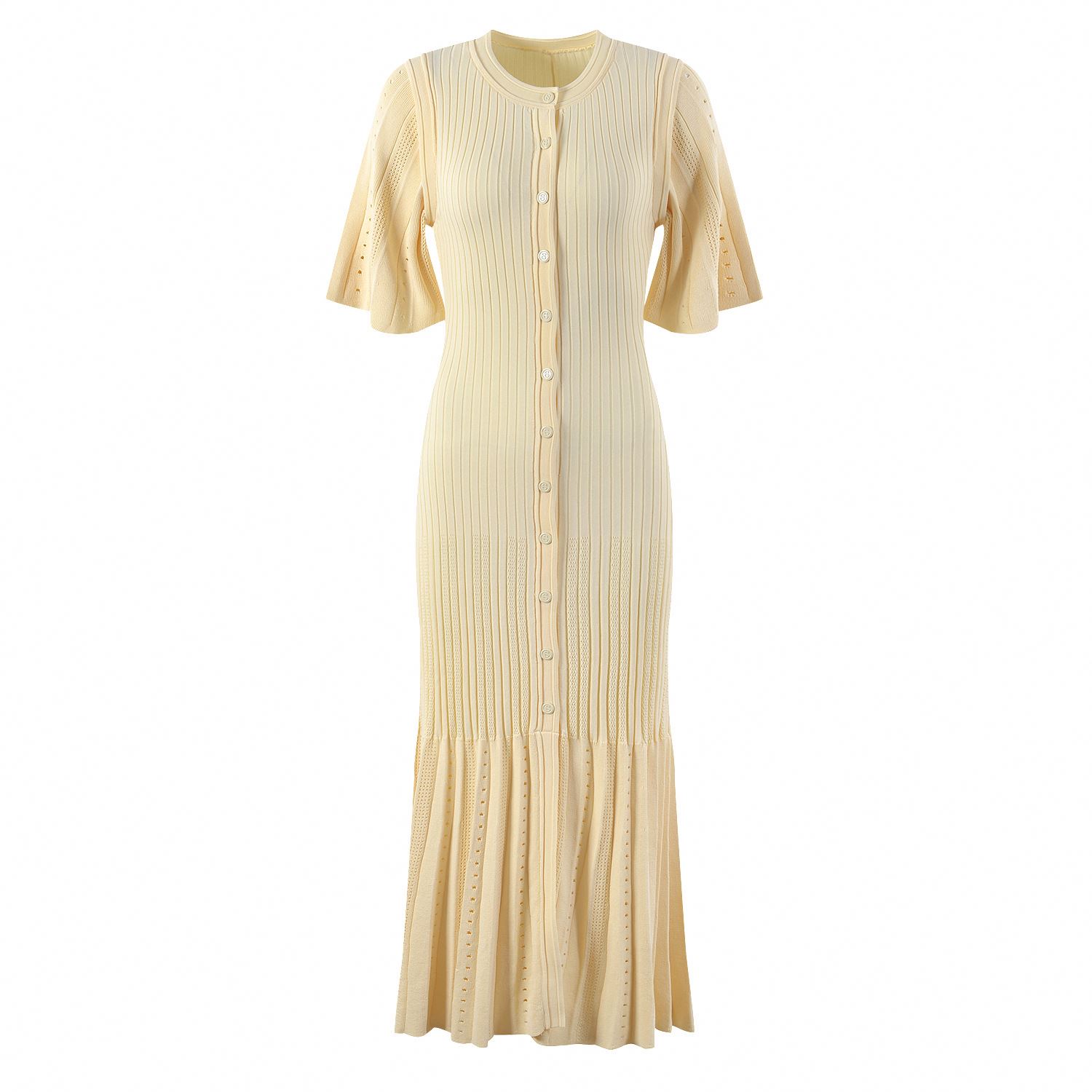 Women's Knit Dress Short-Sleeved Single-Breasted Slim Sweater Neck Natural Waist Long Maxi Casual Senior Sense Dress
