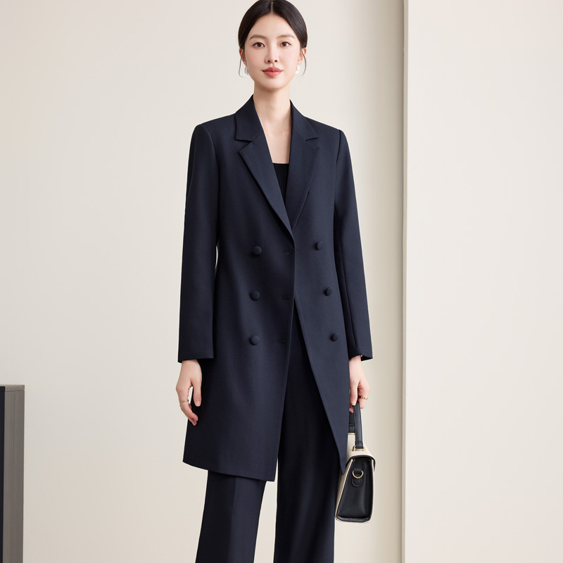 2025 Spring Autumn Black Suit-Style Trench Coat for Women High-End Casual Mid-Length Coat Double Breasted Long for Petite