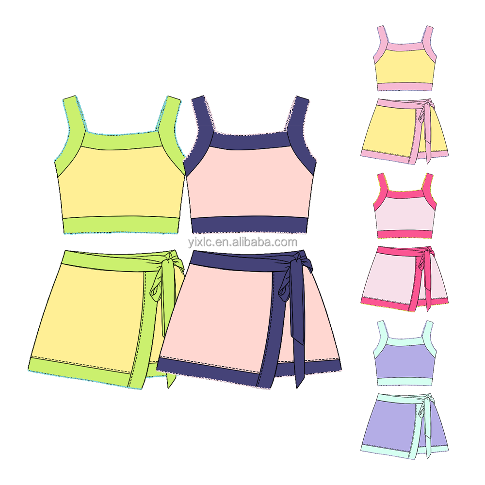 Custom Girls Yoga Set 2 Piece Square Neck Top Wrap Skirt Contrast Zigzag Stitch High Elasticity Dance Wear CPC