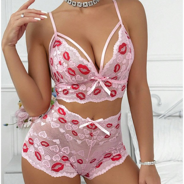 Wholesale Women's DeepV Neck Sexy Lace Mesh Lingerie Set Red Lip Embroidered Strap Two Piece Set Sleepwear