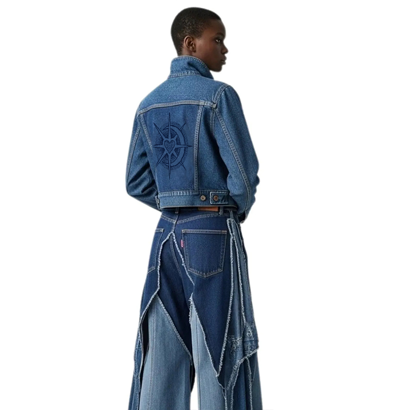 DiZNEW 2025 Intricate Geometric Patchwork Top Featuring 3D Triangular Denim Pieces Arranged High-quality Denim Jean Jacket