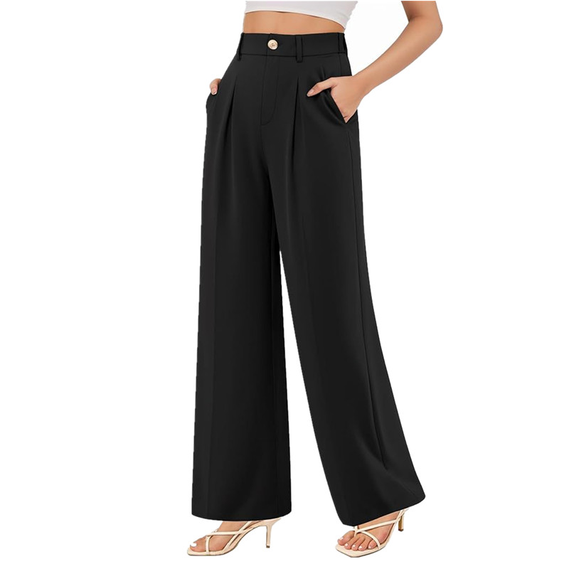 Women's Casual Loose Fit Straight Suit Pants Business Work Wide Leg Long Trousers High Elastic Back Breathable Elastic Waist