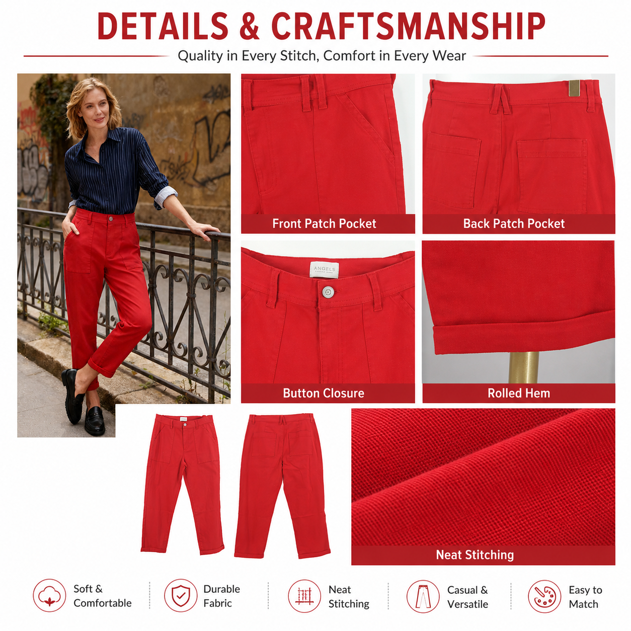 New Women's Casual Breathable Washed Mid Waist Patchwork Regular Fit ODM Trousers