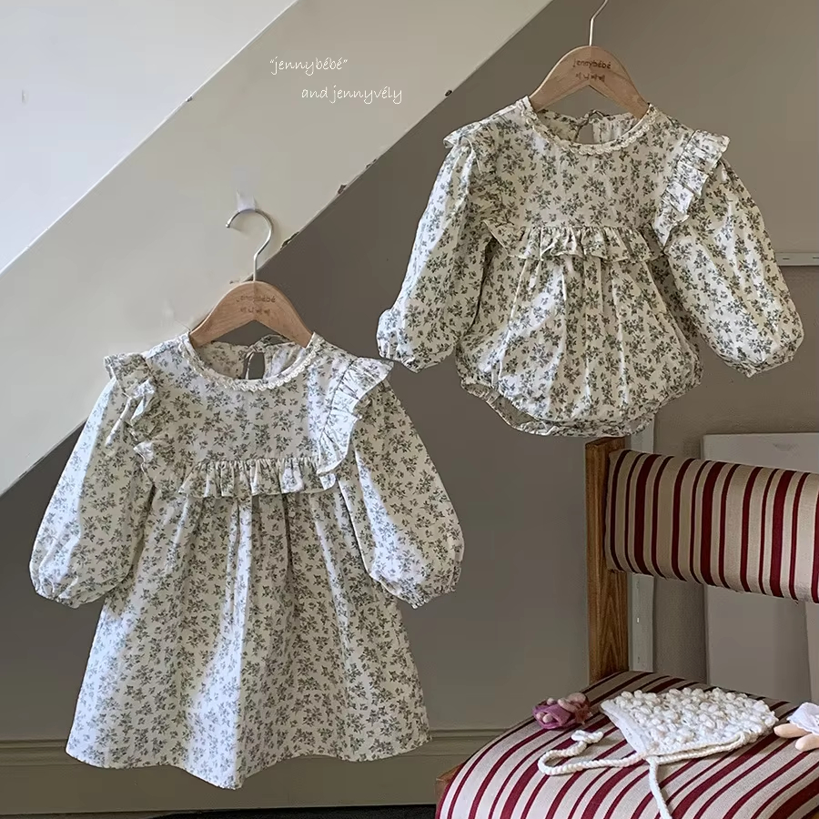 Custom Logo Autumn Baby Girls Clothing Small Broken Flower Baby Romper Flying Sleeve Kids Girls Clothing Baby Girls Dress