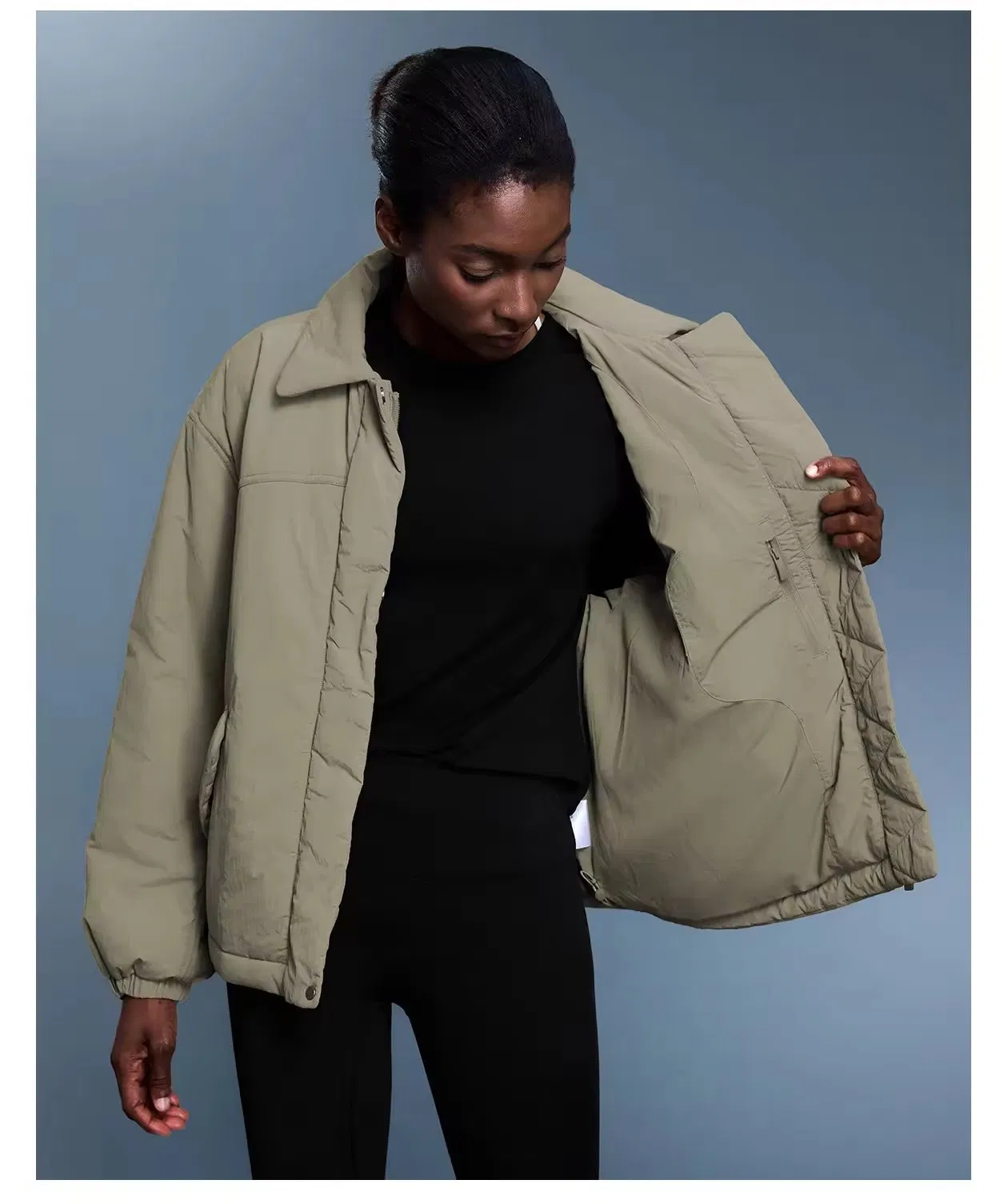 Women's Drawstring Hem Lightweight Lined Cotton-Padded Jacket Windproof Warm Loose-Fit Casual Style Outerwear with Lapel Collar
