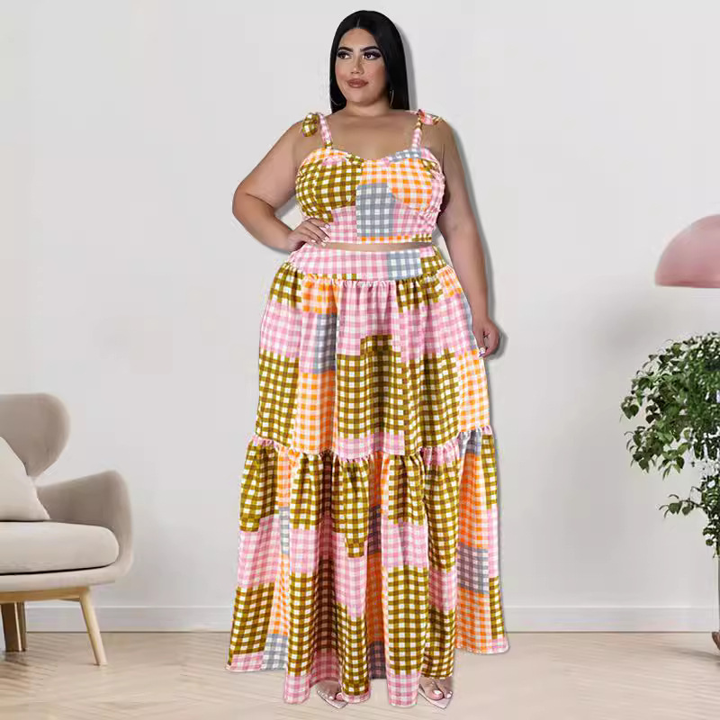 218116 European and American plus-size women's clothing, new summer plaid camisole top with large hem skirt, new product