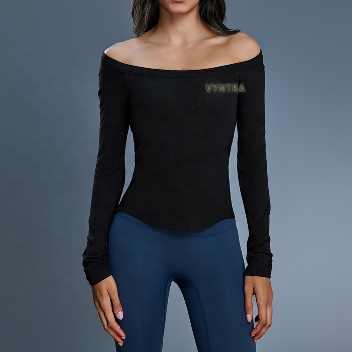 Women Modal Long Sleeves Sexy Off-The-Shoulder Slim Fitted Shirts Workout Running Tight Fitness Gym Sports T-shirt Yoga Tee Tops