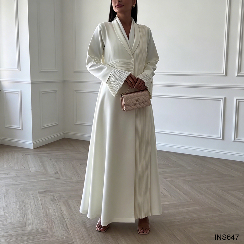 Elegant Cream White Pleated Abaya Kimono for Modest Fashion