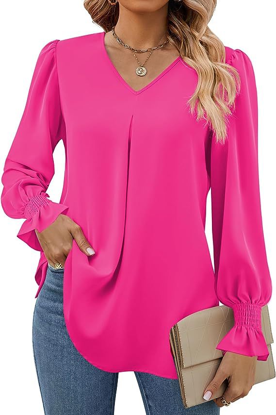 2024 High Quality Women's New Solid Color Chiffon Shirt V-neck Pullover Flared Long Sleeved Top Custom Shirt OEM