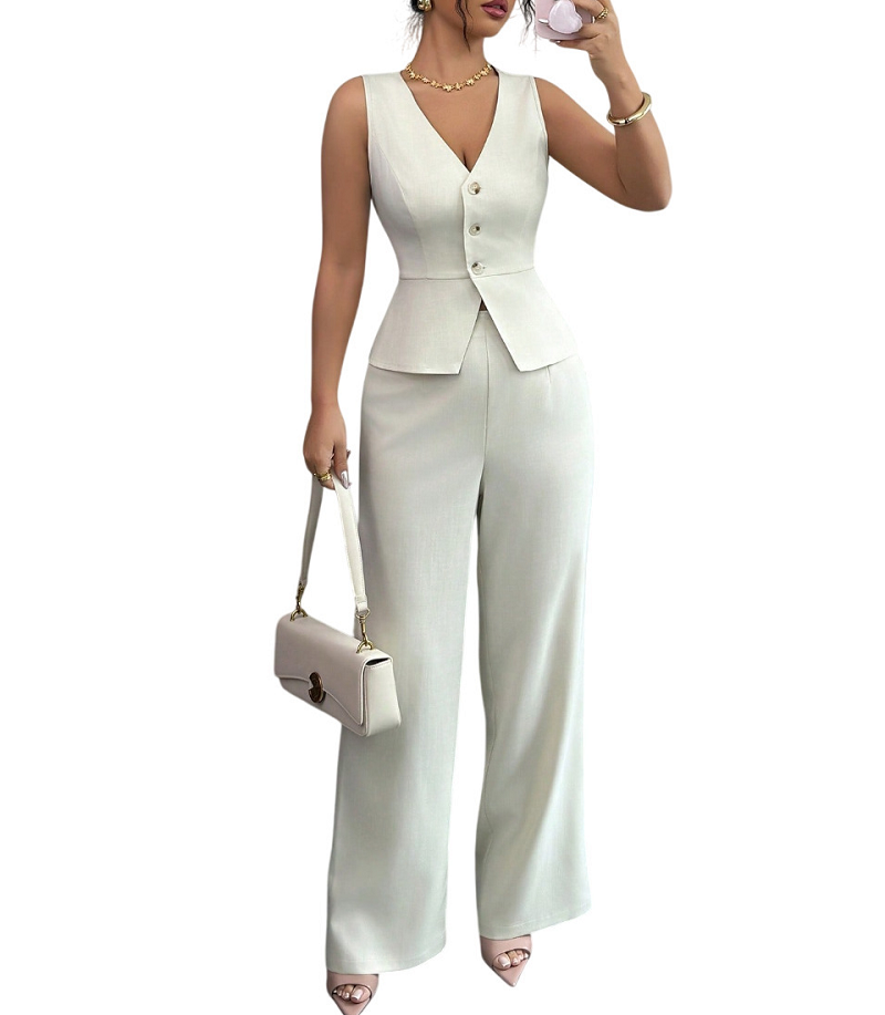 Women Elegant V Neck Collarless Office Suit Formal Business Vest Wide Leg Pants Set Stretch Woven Full Length OL Workwear