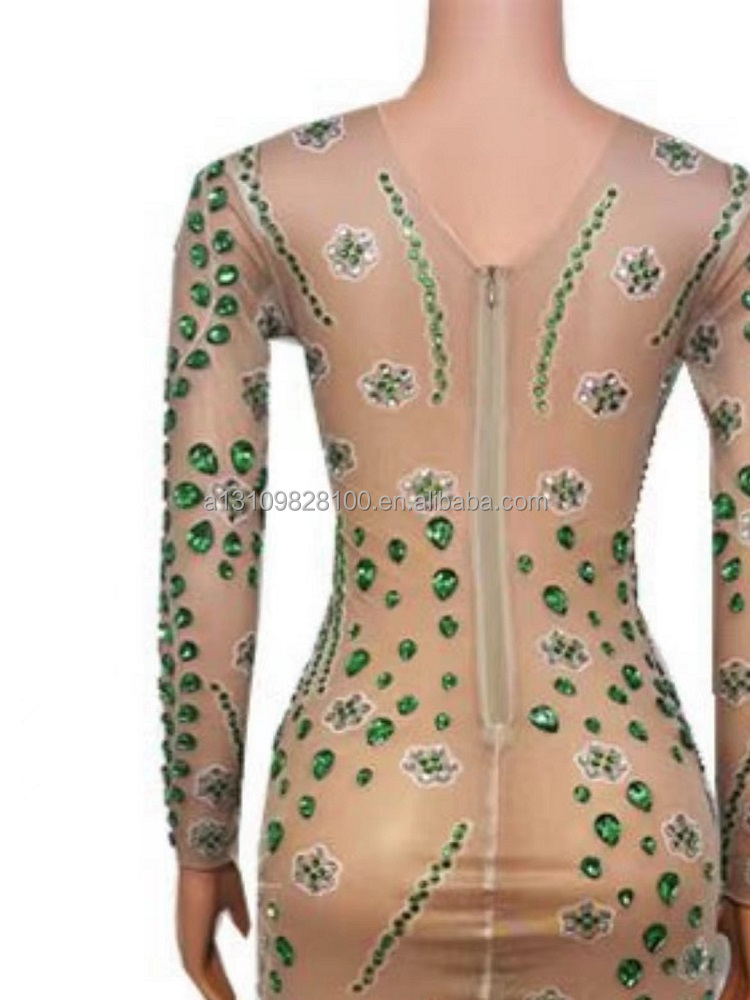 Full Diamond Sequin Hexagonal Star Dress Wrapped Tight Long Sleeve Skirt Mesh See-through Female Singer Model Stage Dress
