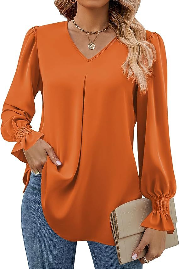 2024 High Quality Women's New Solid Color Chiffon Shirt V-neck Pullover Flared Long Sleeved Top Custom Shirt OEM