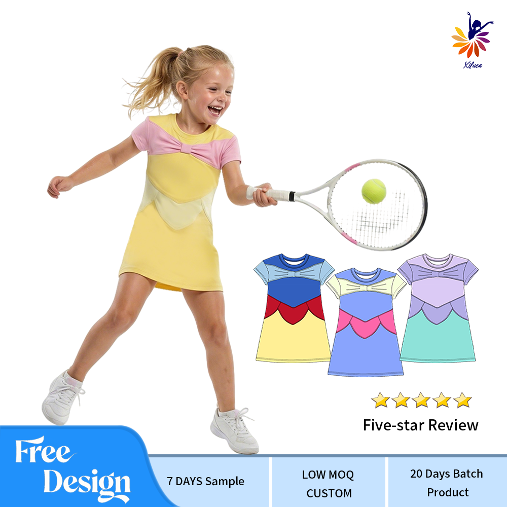 Girls Sports Yoga Dress Short Sleeve Color Block Tennis Dress Built-In Shorts Small Batch Custom Kids' Dresses
