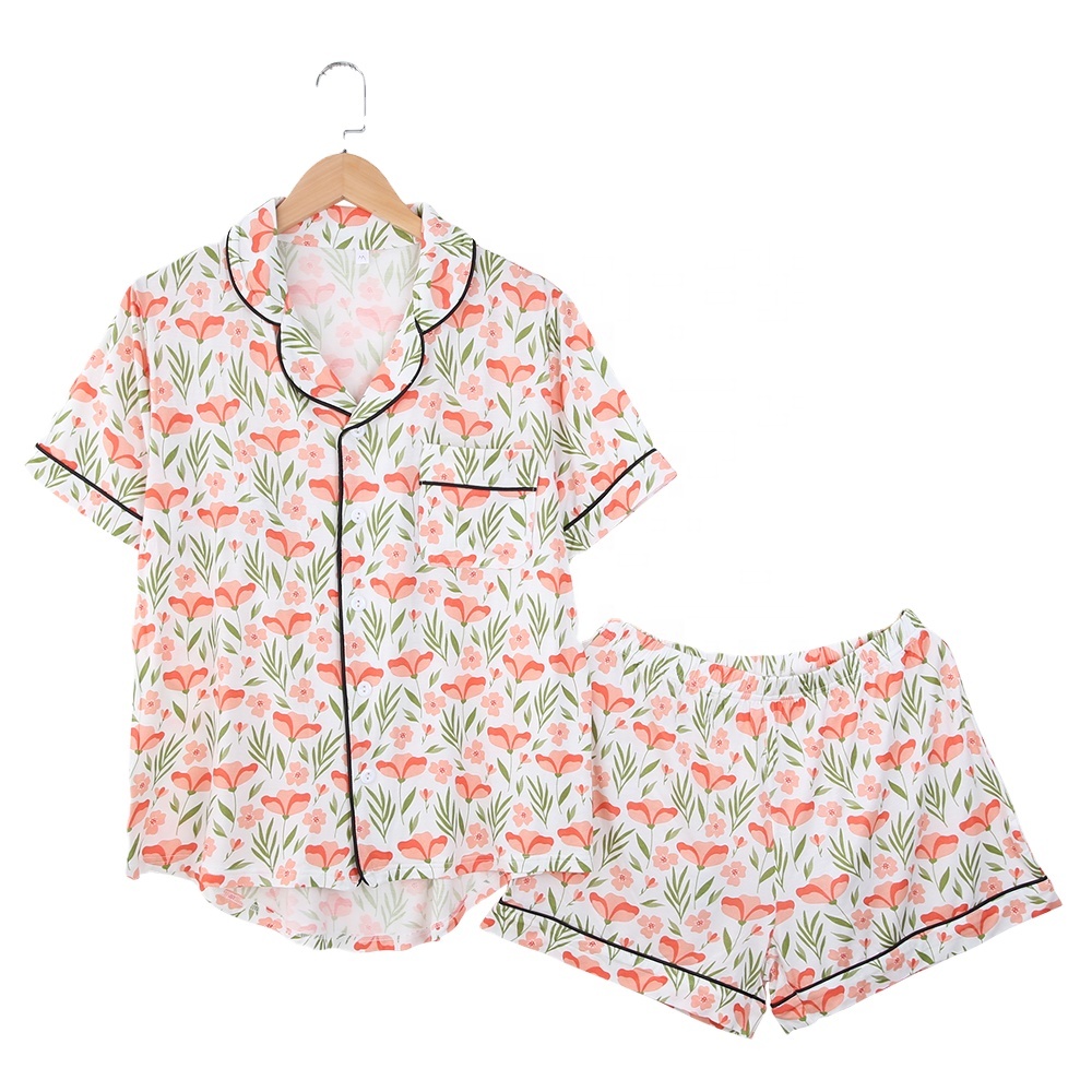Summer Short Sleeve Custom Pajamas for Women Floral Print Turn Down Collar Women Pajamas Set Bamboo Fabric Women Sleep Wear Set