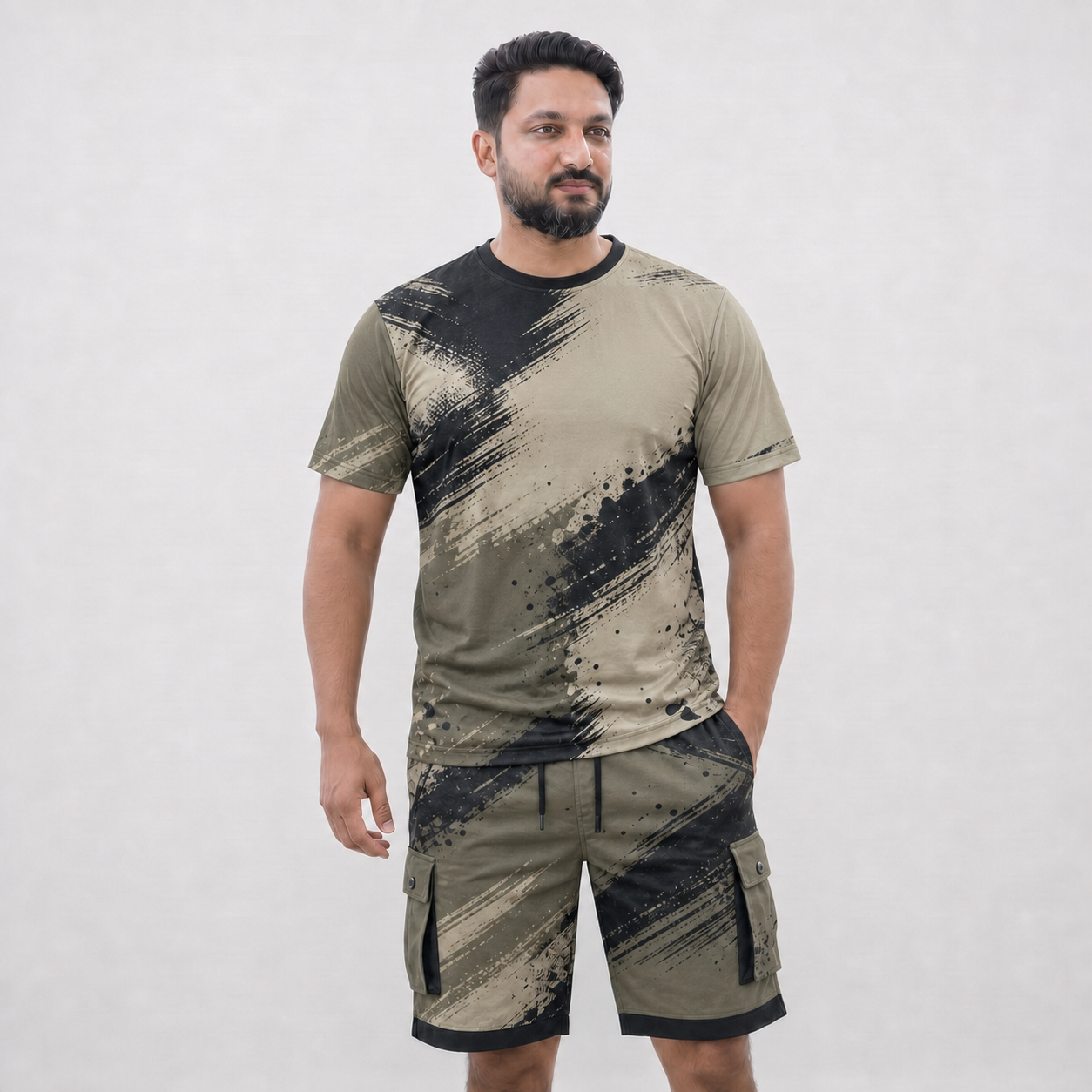 Men's Geometric Print Sporty Shirt Set Round Neck Quick Dry Knitted Summer Outfit Blue Hexagon Pattern