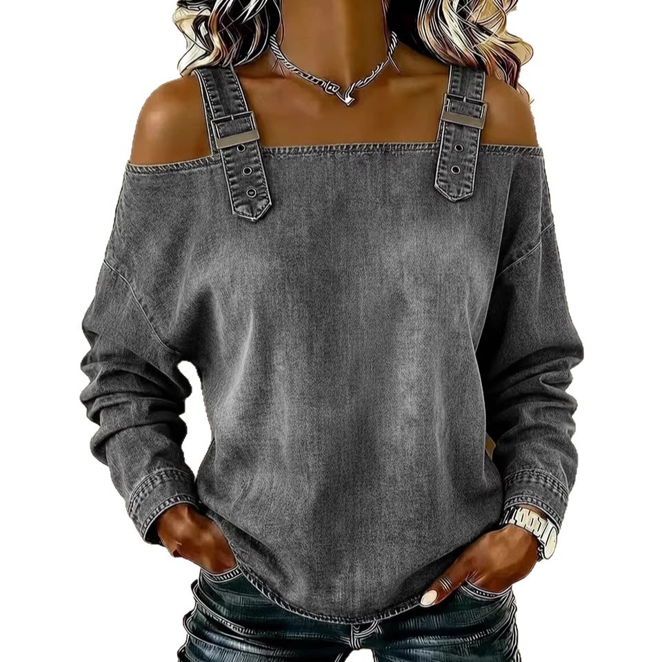 Fashion Women's Blouses Spring Summer Fall New Style Casual One-line Tie Shoulder Strap Long-sleeve Jeans Top