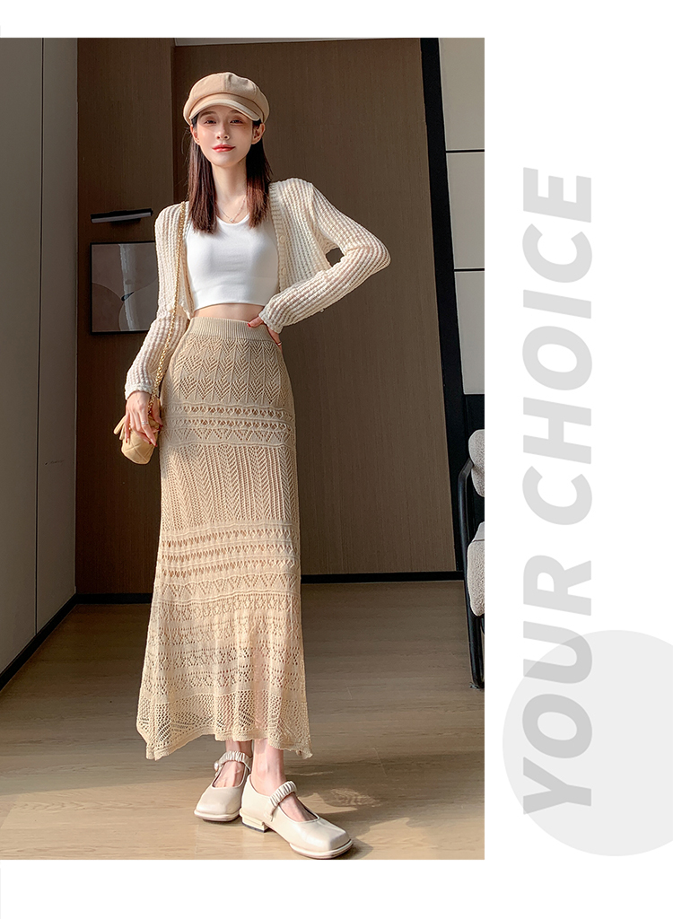 Women's Spring Summer A-Line Casual Breathable Natural Waist Midi Skirt Solid Lace Knitted Design Apricot Color Dushan