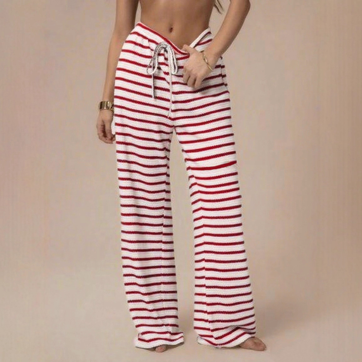 Wholesale Women's Slim Straight Leg Casual Trousers Fashion Color Contrast Horizontal Stripes Cross-Border Pants