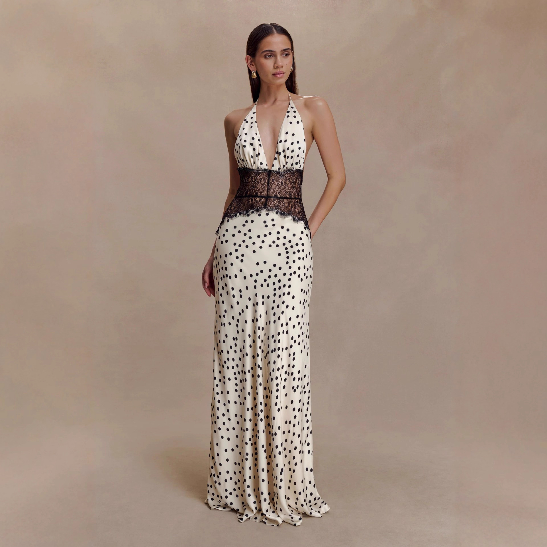 European American Foreign Trade 2025 New Temperament Wave Point Lace Maxi Vintage Empire Waist Women's Fashion Sexy Backless