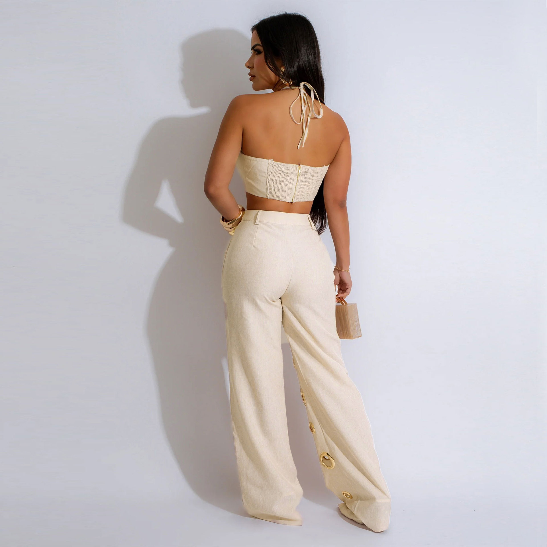 C Fashion Sexy Street Wear Halter Sleeveless Hollow Top Unique Ring Pant Piece Set Woman Clothing
