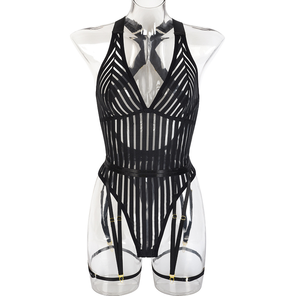 2024 New Women's Sexy Lingerie Striped Stitching Cross Straps Open Back Shapewear Sexy Bodysuit