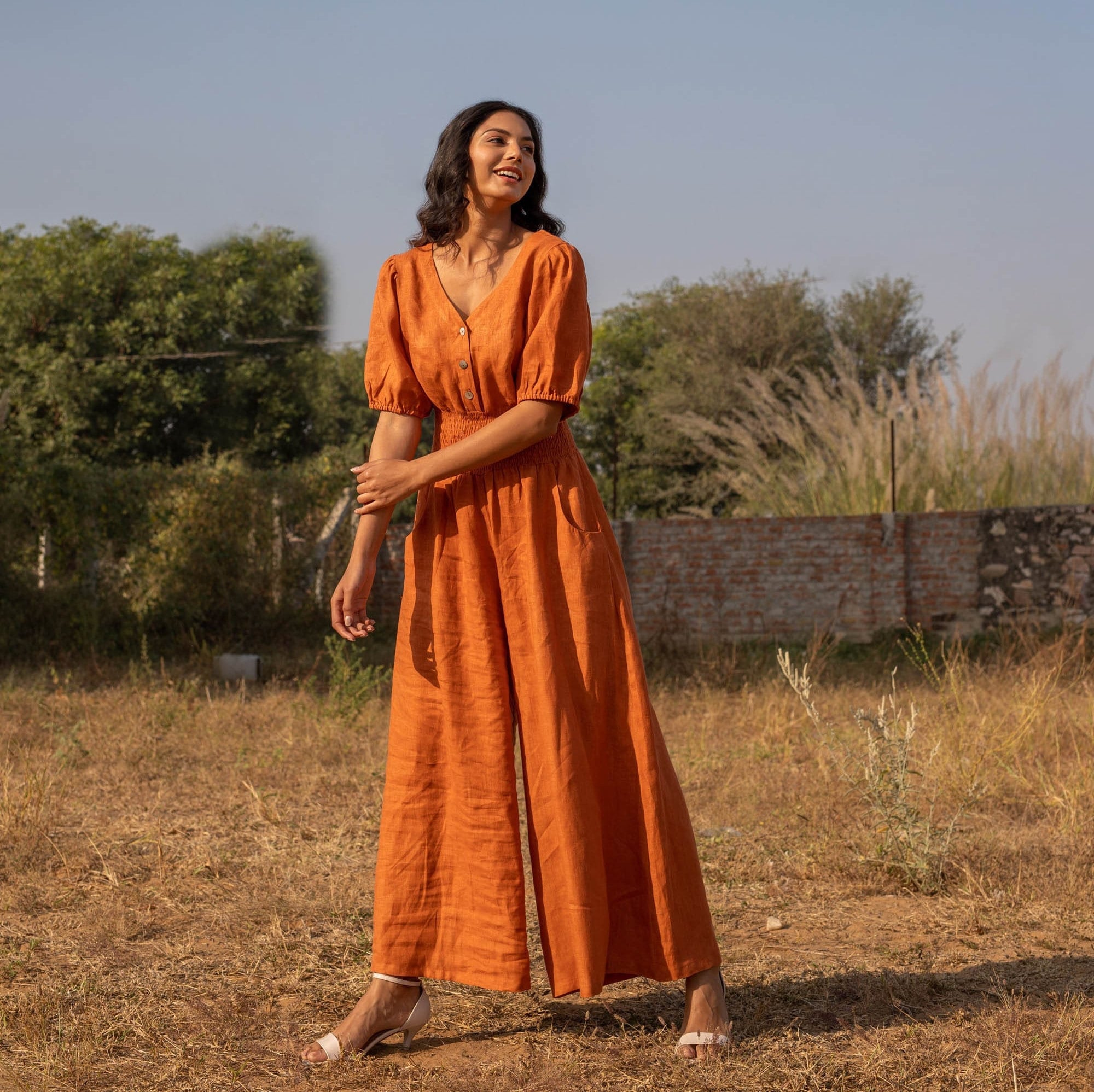 Orange Linen Jumpsuit Boho Romper With Pockets and Zipper Loose Elastic Waistband Bodysuit Wide Pants Custom Petite Clothing
