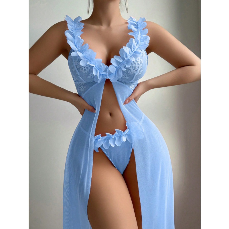2025 New Arrival Sexy Women's Nightgown Set - Lace Trimmed Split Design Long Sleepwear, Erotic Loungewear Two-Piece Set