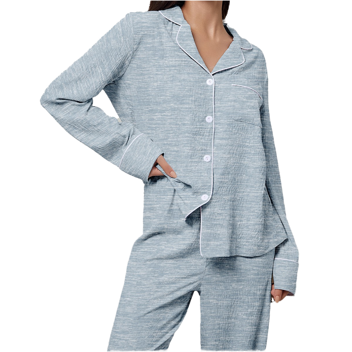 Women's Spring Autumn Summer Casual Breathable Quick Dry 100% Cotton Long Sleeve Elastic Waist Satin Pajama Set Comfortable Cozy