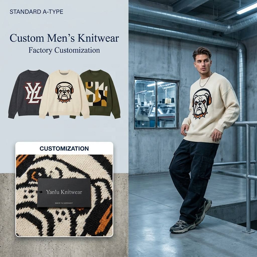 Wholesale Men's Graphic Print Intarsia Sweater Oversized Streetwear Knitwear Factory Direct Custom Logo Urban Apparel