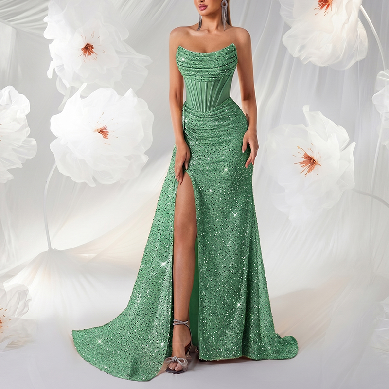 Sexy Royal Blue Formal Gown Shoulder Corset Sequin Spring Summer Evening Dress High Slit Floor Length Elegant Wedding Party