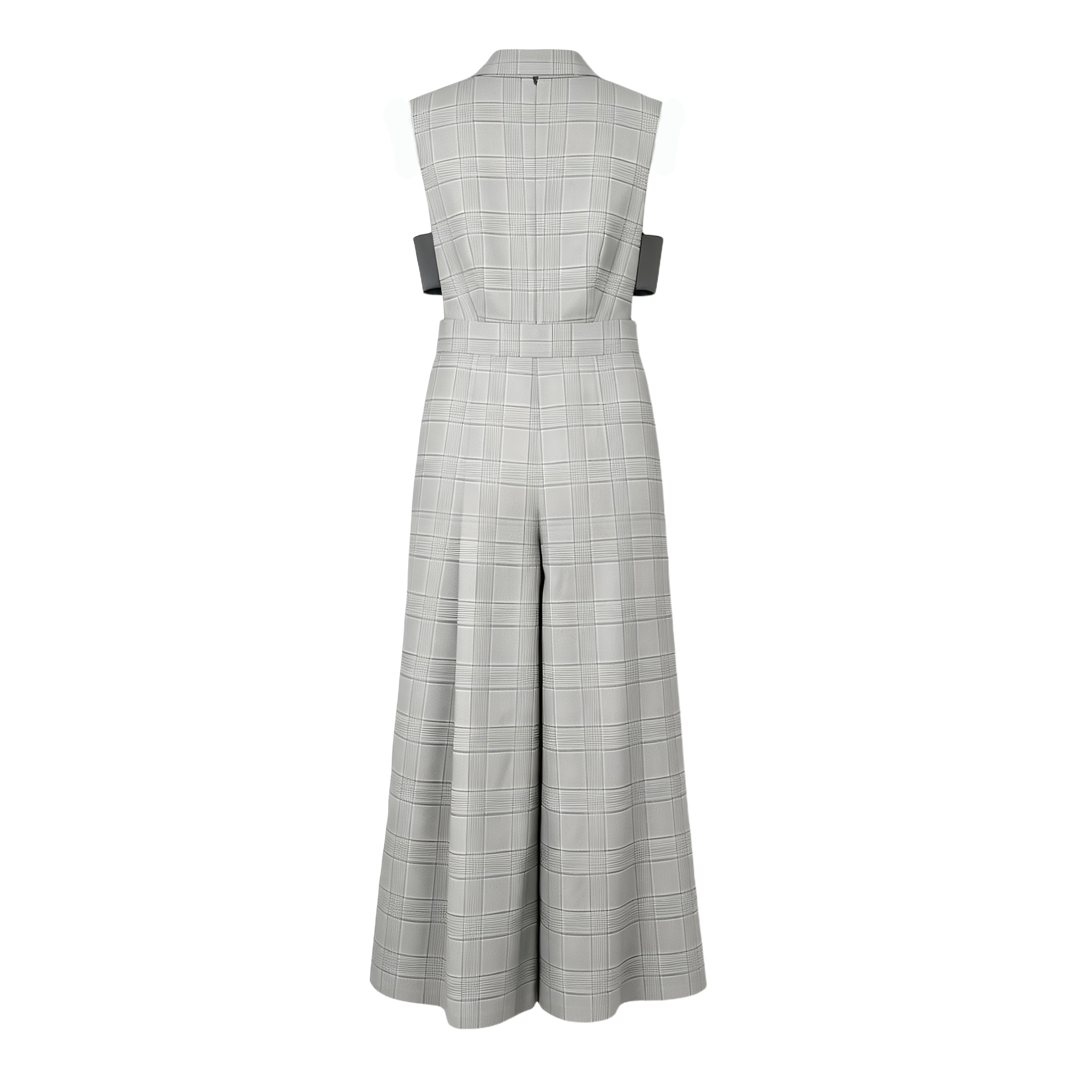 Women's Summer Loose Fit Deep V Neck Sleeveless Plaid Full Length Jumpsuit with Hollow Out Breathable Office Workwear