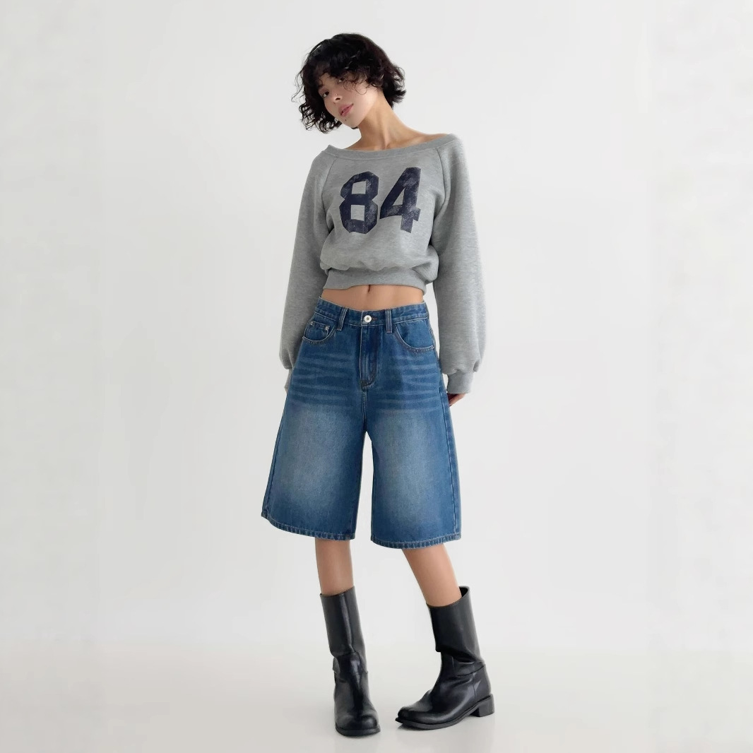 Korean Style Summer Pants Breathable Loose Jeans Front Logo Washed Black Petite Mid-Length Pants