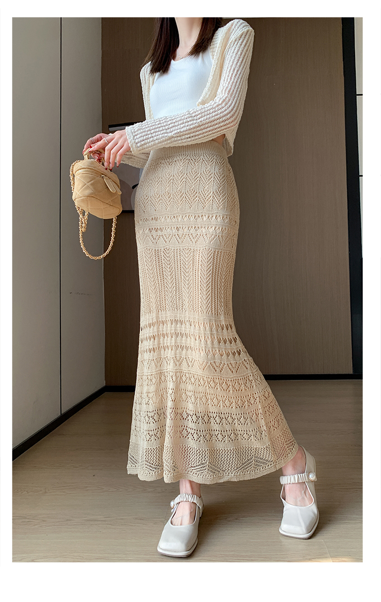 Women's Spring Summer A-Line Casual Breathable Natural Waist Midi Skirt Solid Lace Knitted Design Apricot Color Dushan
