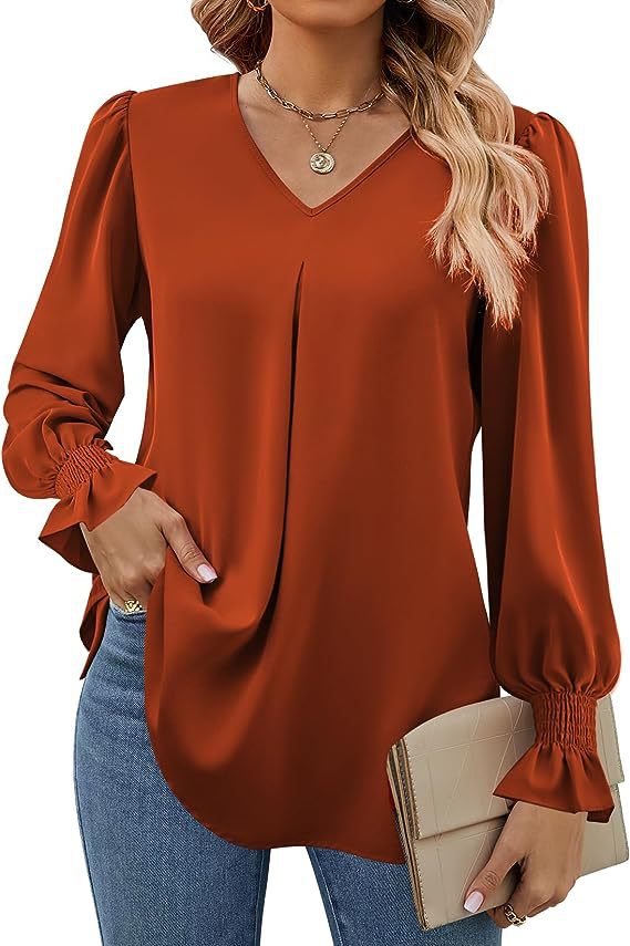 2024 High Quality Women's New Solid Color Chiffon Shirt V-neck Pullover Flared Long Sleeved Top Custom Shirt OEM