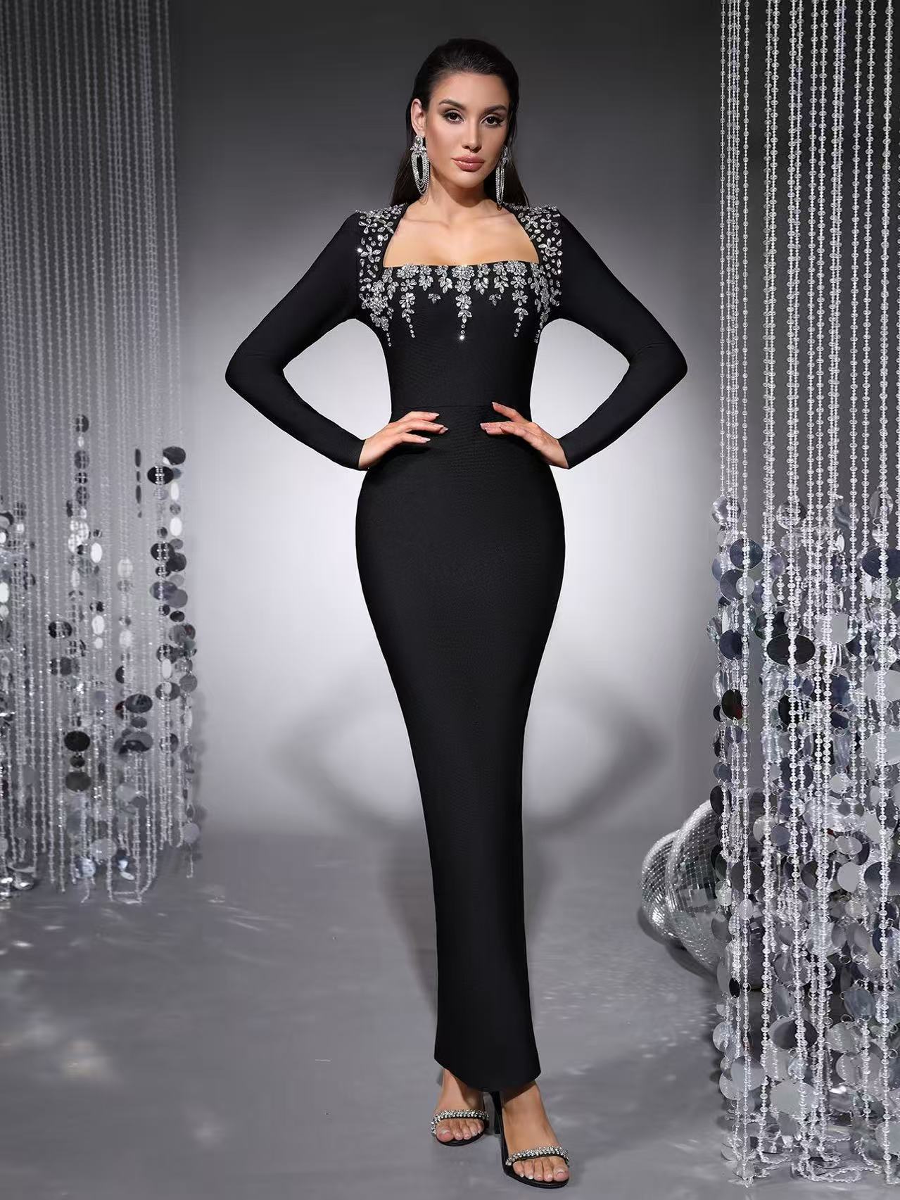 OEM Factory Customized Bandage Black High Quality Chic Glamorous Formal Dresses Women Long Bodycon Evening Dress