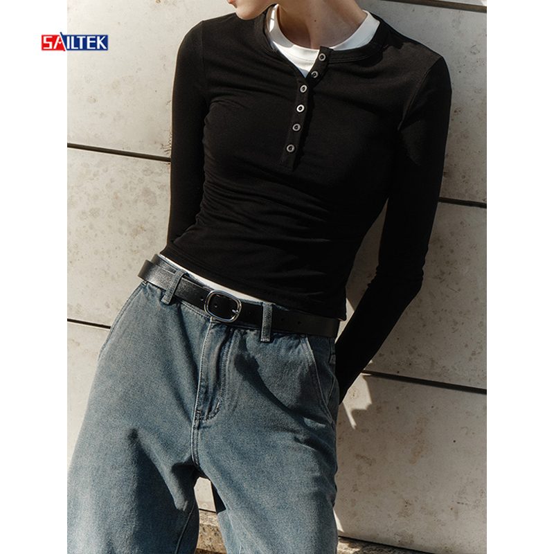 High Quality Ladies Dark Gray Blouses With Button Custom Logo Long Sleeves V Neck Blouse Elegant for Women