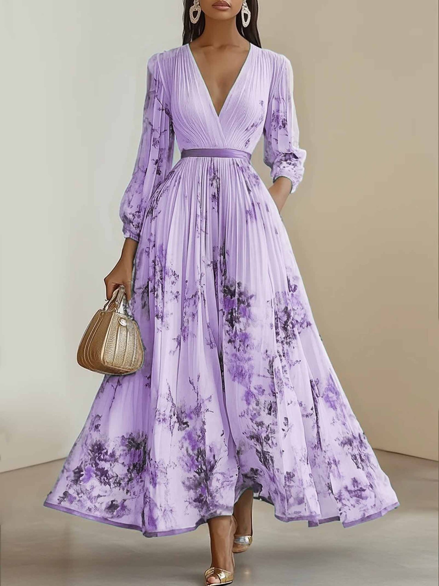 Premium Spring New Ethnic Print Dress Women's Lace-up Floral Pattern Tight Waist Puff Sleeve Large Swing V-neck Casual Dress