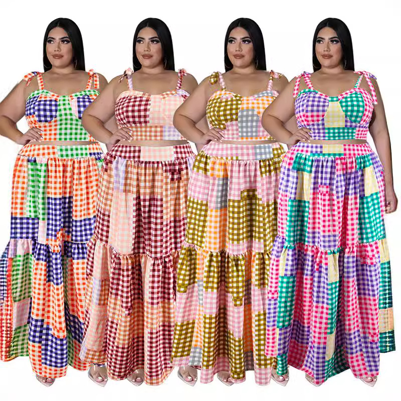 218116 European and American plus-size women's clothing, new summer plaid camisole top with large hem skirt, new product