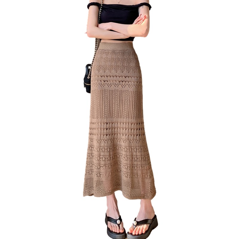 Women's Spring Summer A-Line Casual Breathable Natural Waist Midi Skirt Solid Lace Knitted Design Apricot Color Dushan