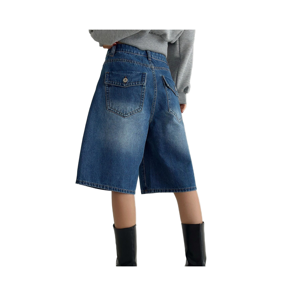 Korean Style Summer Pants Breathable Loose Jeans Front Logo Washed Black Petite Mid-Length Pants