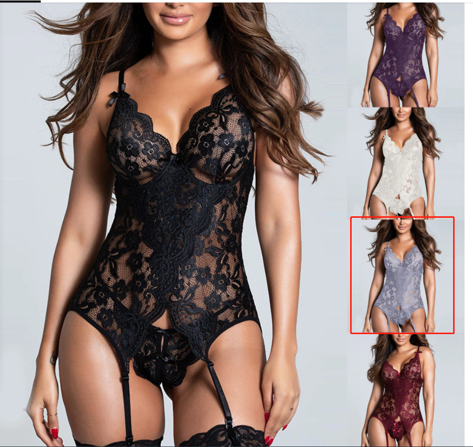 Women's Sexy Lace Breathable Semi-Sheer Spandex/Nylon Medium Control Non-Removable Chest Pad Knitted Bodysuits Lingerie Set