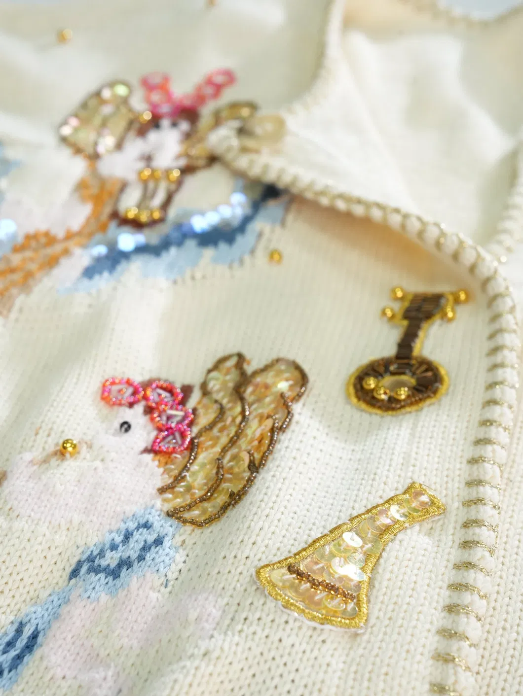 Women's 647g Midweight Cotton Knit Cardigan Outerwear Featuring Delicate Sequin