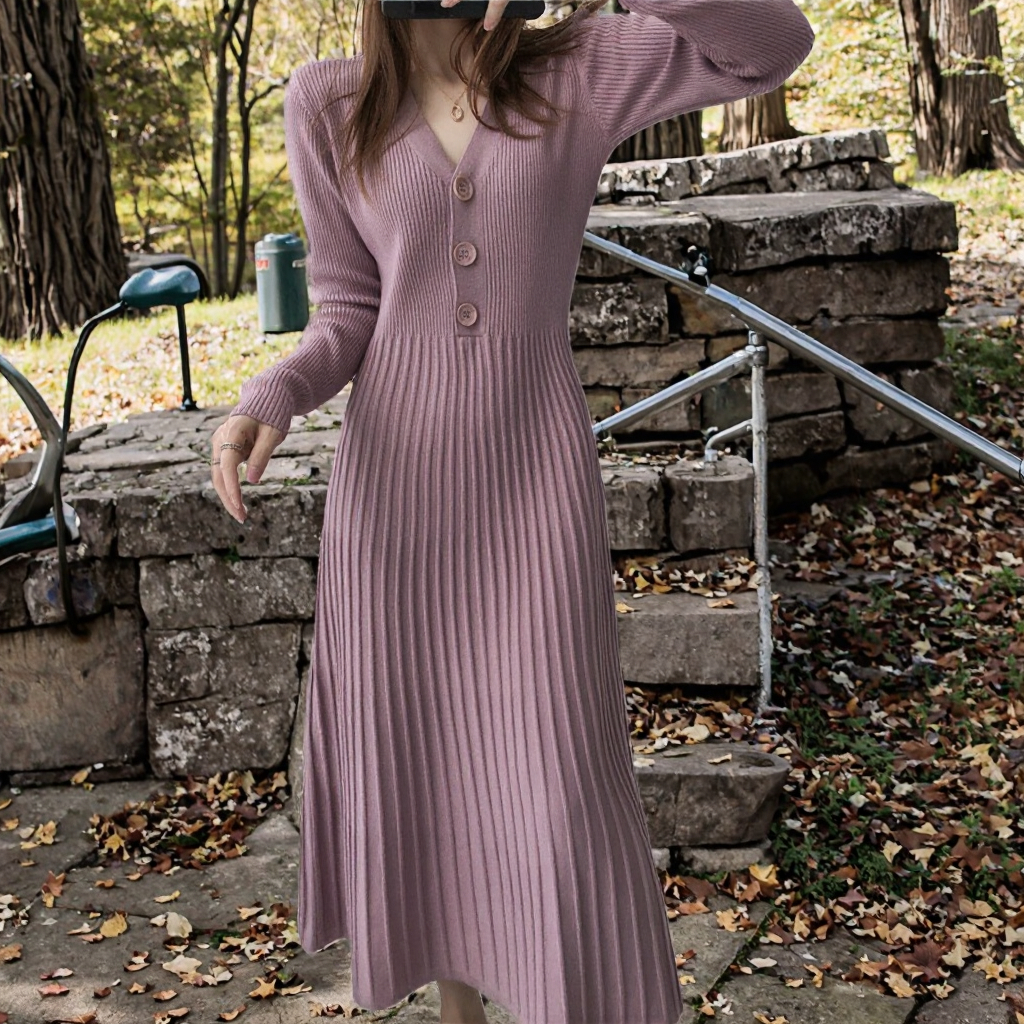 Women's Casual V-Neck Button Long Sweater Dress for Autumn Winter Plus Size Base Knee Pleated Solid Natural Plain Dyed Knitwear