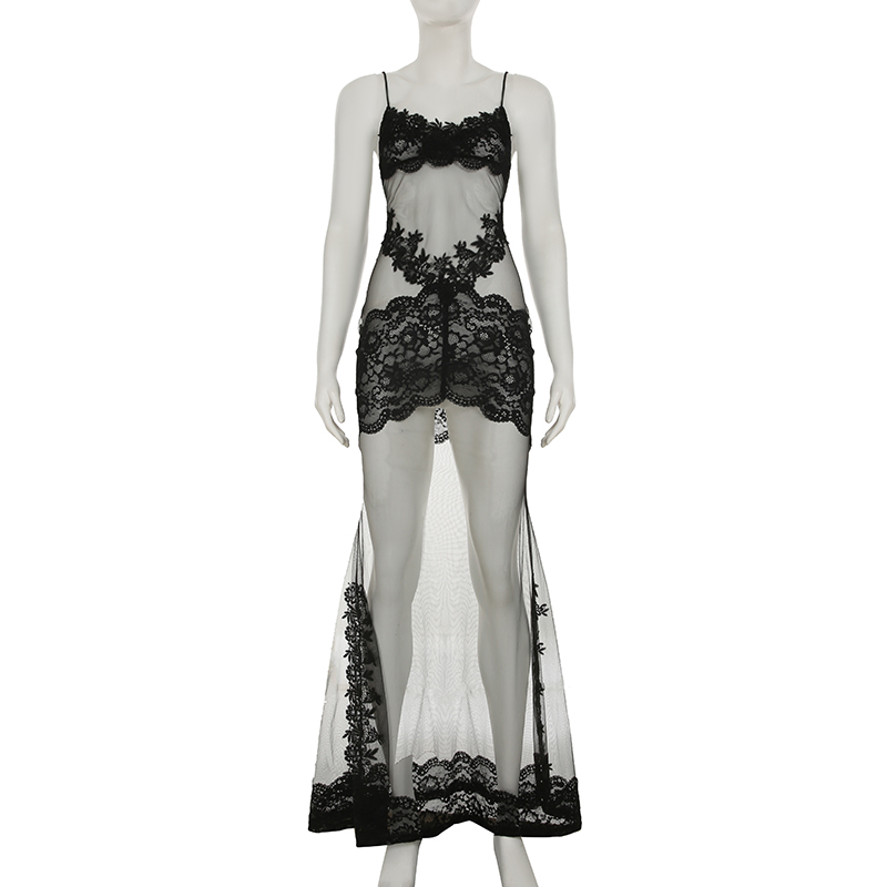 Women's Sexy Sheer Lace Cocktail Evening Dress Sleeveless Backless Floral Lace Floor Length Formal Gown