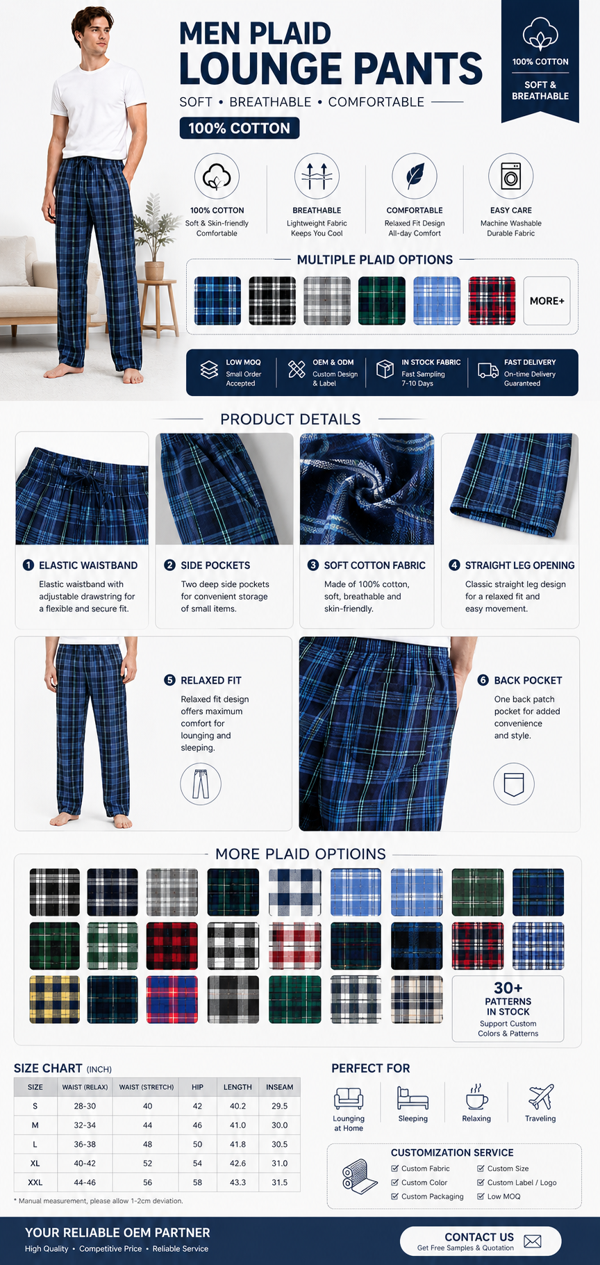 Custom Plaid Pajama Pants Men Cotton Lounge Trousers
