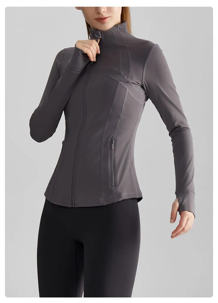 Women's Fashion Fitness Running Jacket - Stand-up Collar, Windproof, Zip-up, Slimming Fit with Pockets, Yoga Outerwear