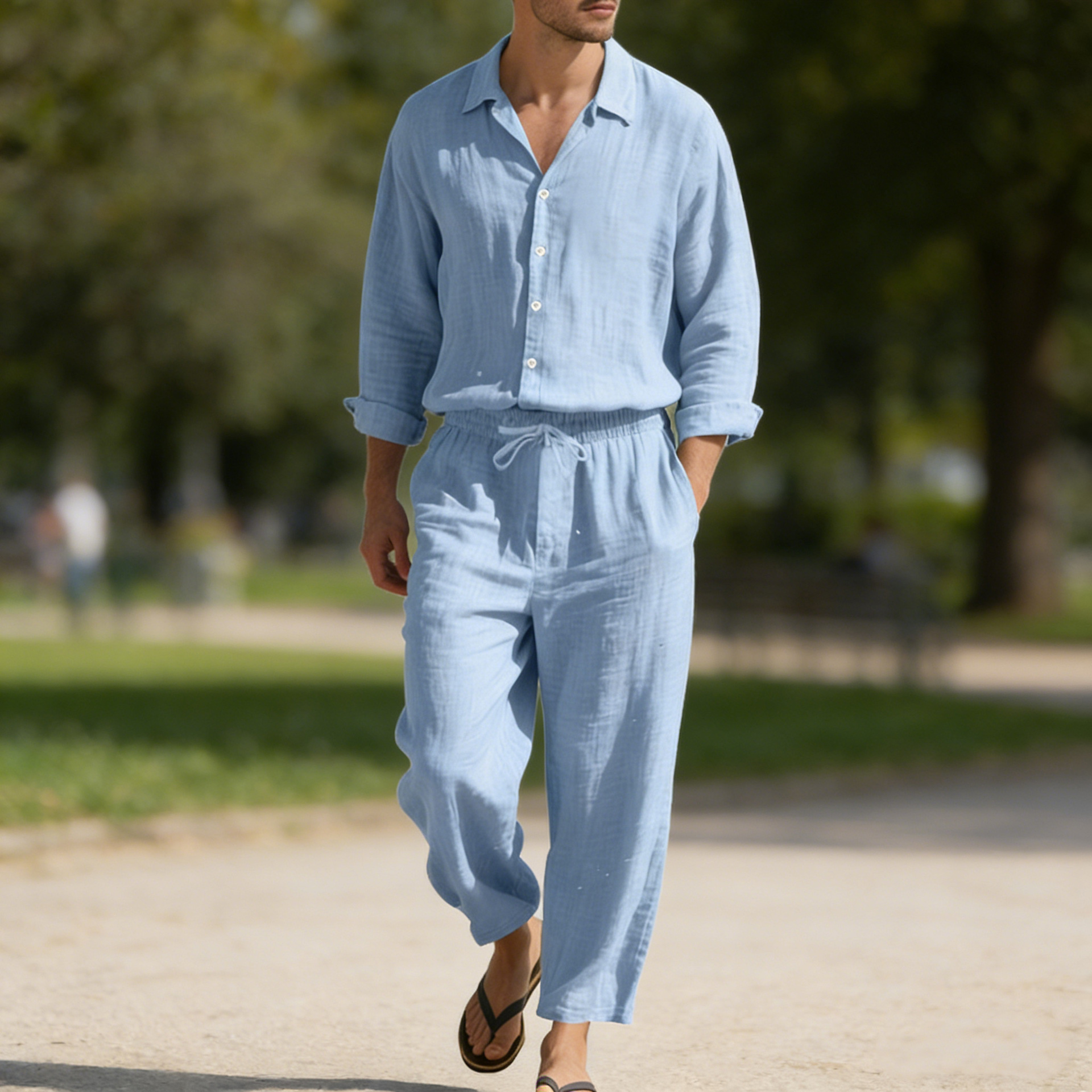 American-style All-season Linen Men's Casual Loose Beach Sun protection Long-sleeved Shirt and Trouser Suit